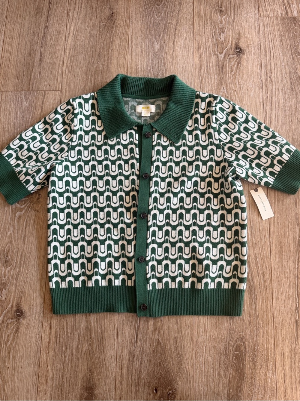 Anthropologie Green and Cream Geometric Button-Up Knit Top